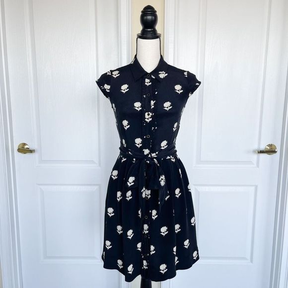 Kate Spade 100% Silk Size 0 Black White Contrast Floral Ruffled Belted Dress wit - Picture 1 of 11